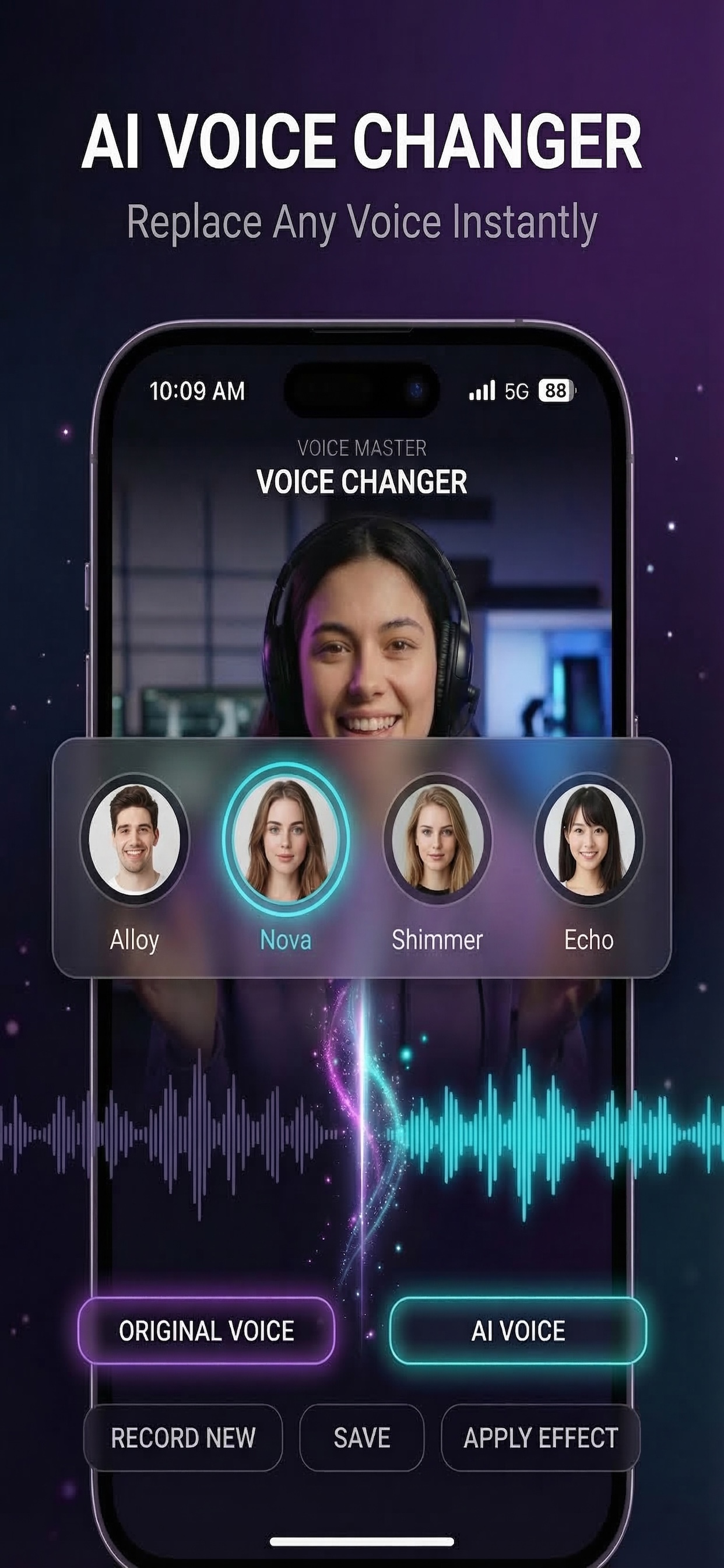 Voice Changer mode — voice selection and preview