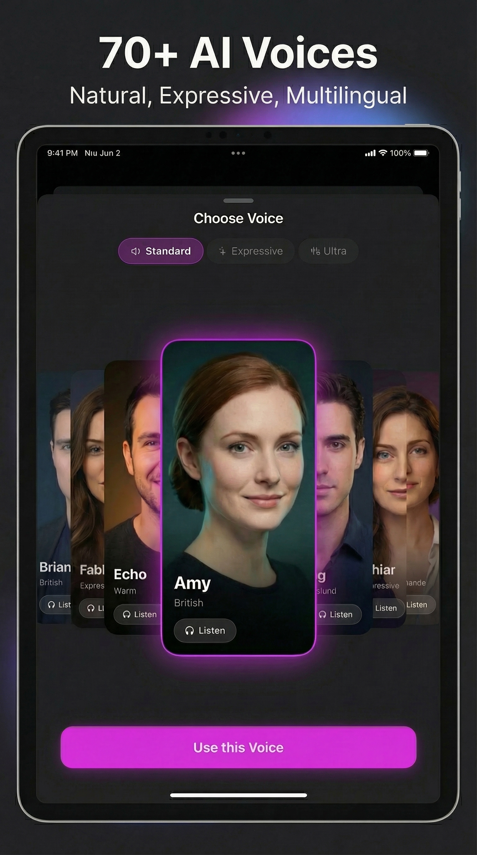 70+ AI voices across Standard, Expressive and Ultra tiers