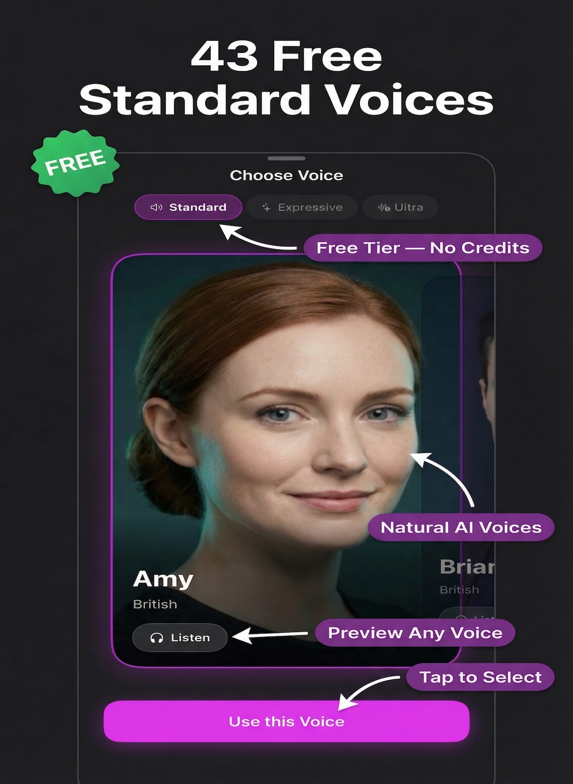 Standard voices — 43 free AI voices for dubbing