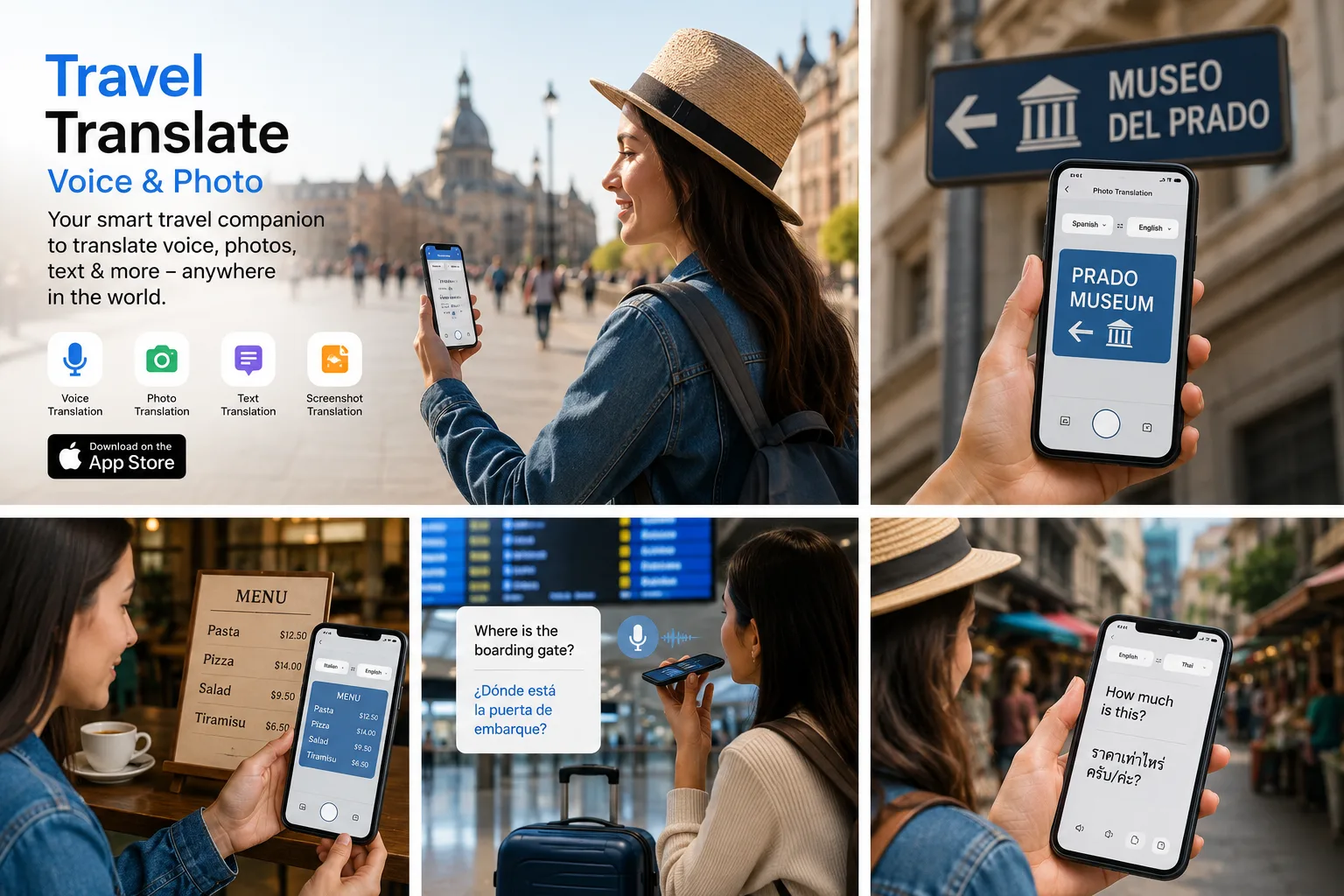 Travel Translate Voice and Photo app showing female traveller using the app to translate voice, scan menus, and read signs while travelling abroad