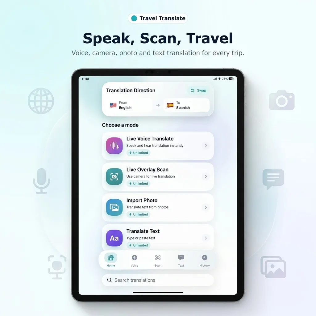 Travel Translate app home screen on iPad showing all four translation modes: Live Voice Translate, Live Overlay Scan, Import Photo, and Translate Text with language direction picker