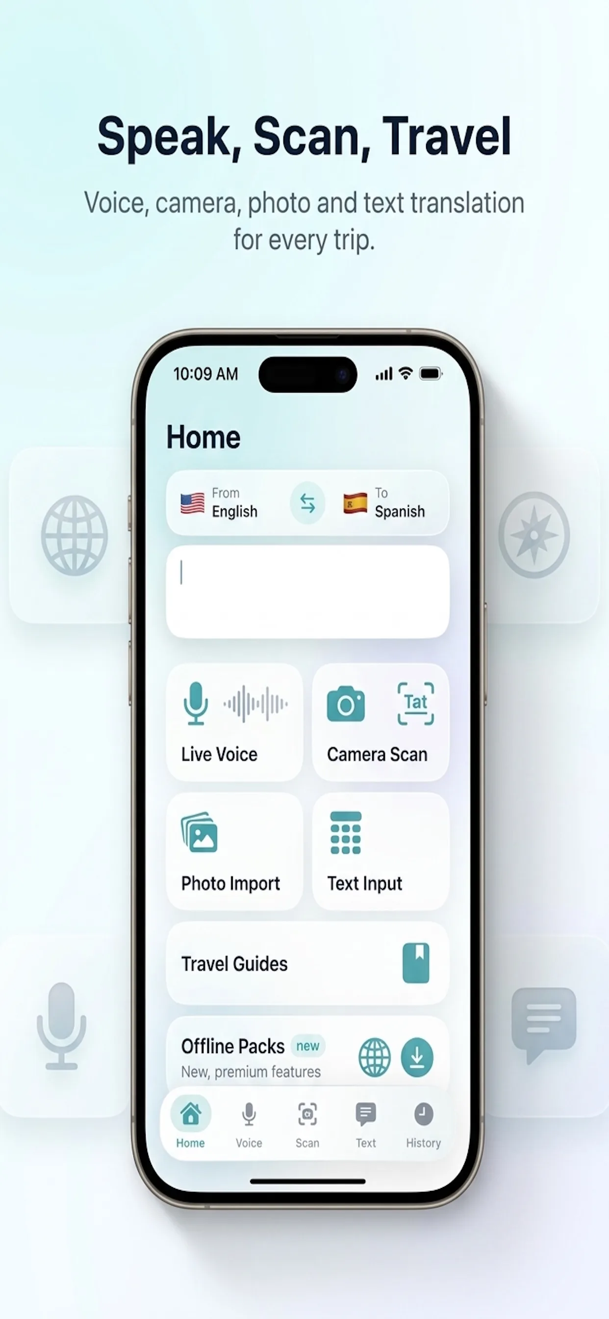 Travel Translate app on iPhone showing home screen with Live Voice, Camera Scan, Photo Import, Text Input, Travel Guides, and Offline Packs features