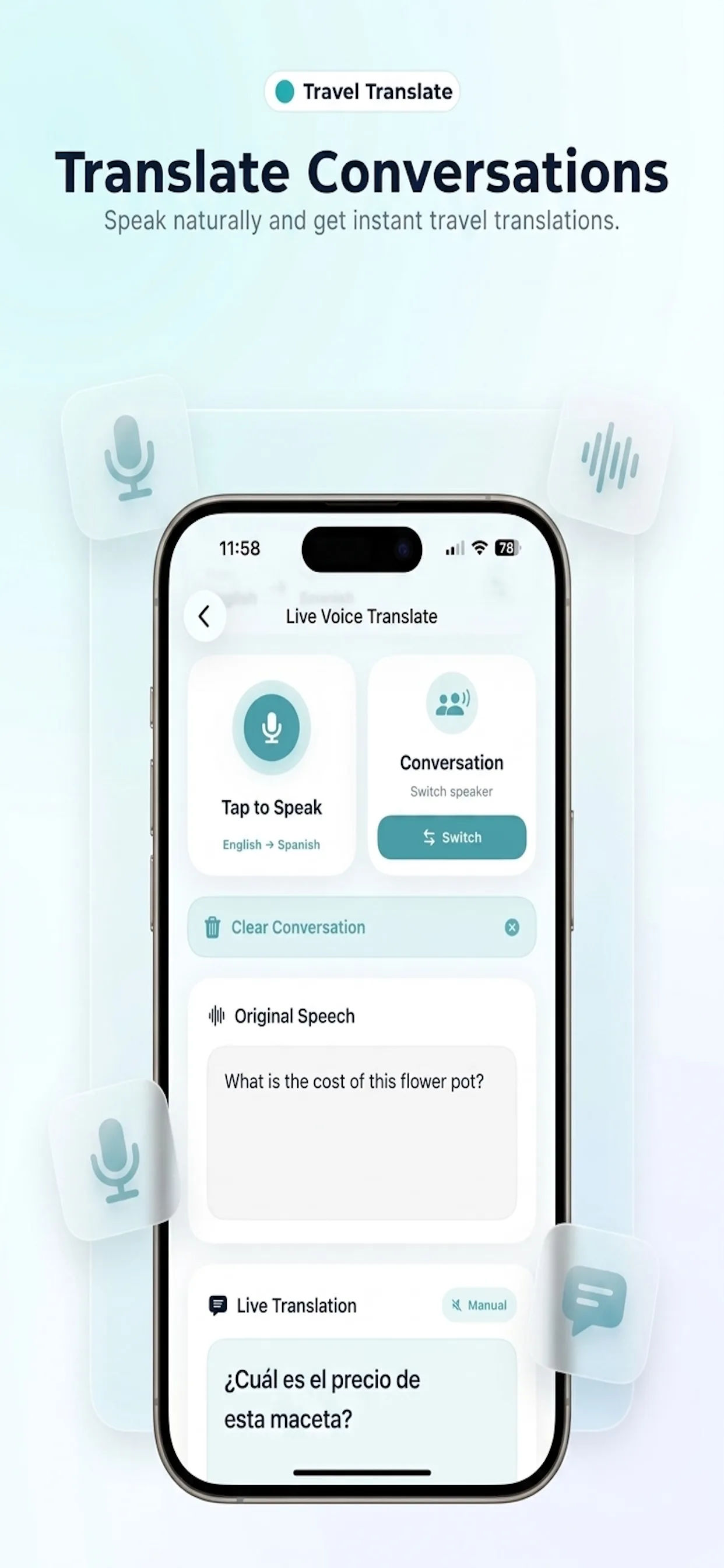 Travel Translate live voice translation screen showing English to Spanish conversation mode with original speech and live translation on iPhone