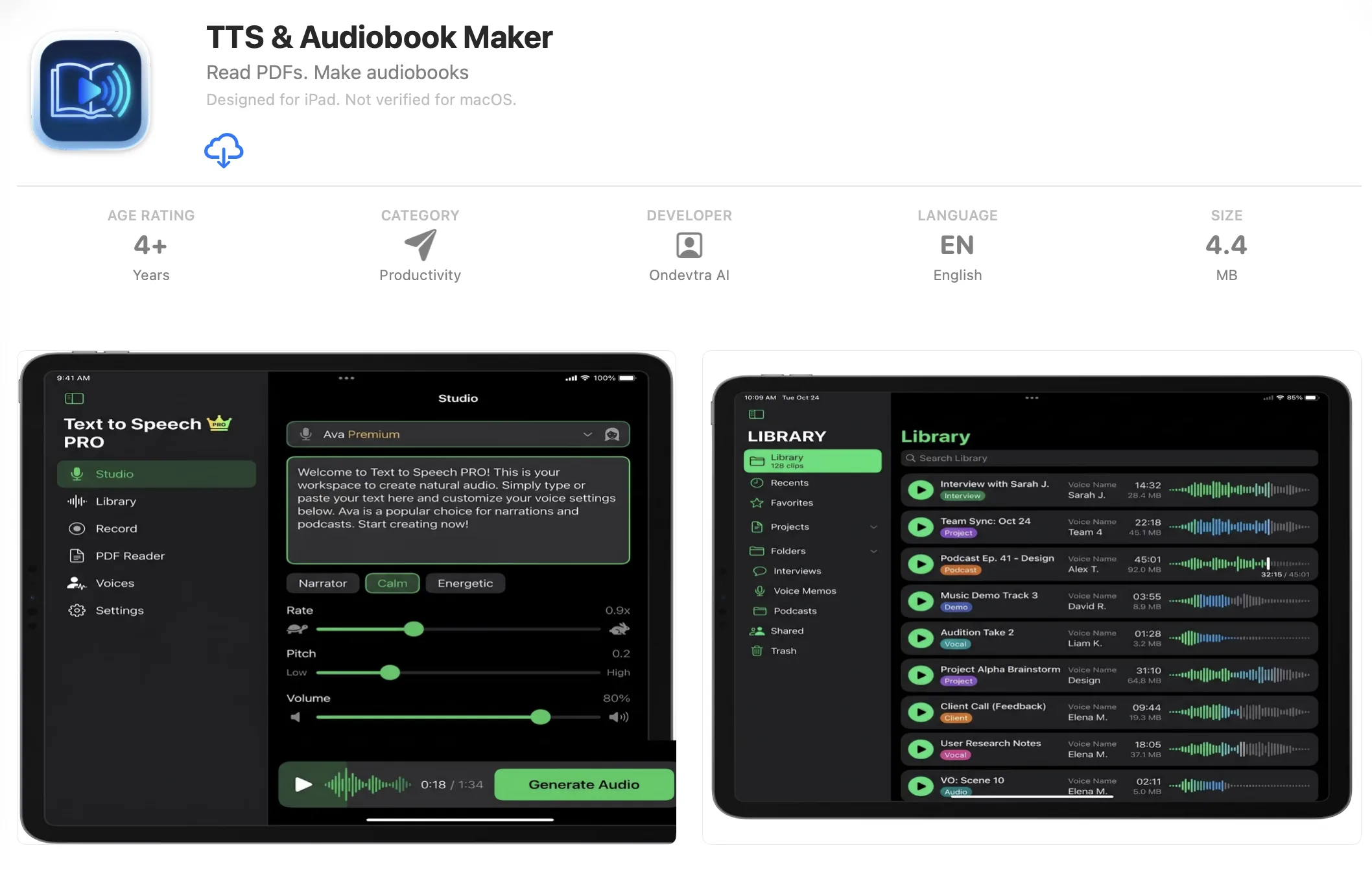 TTS and Audiobook Maker on the App Store showing iPad and iPhone interface with text to speech studio, voice selection, and library management