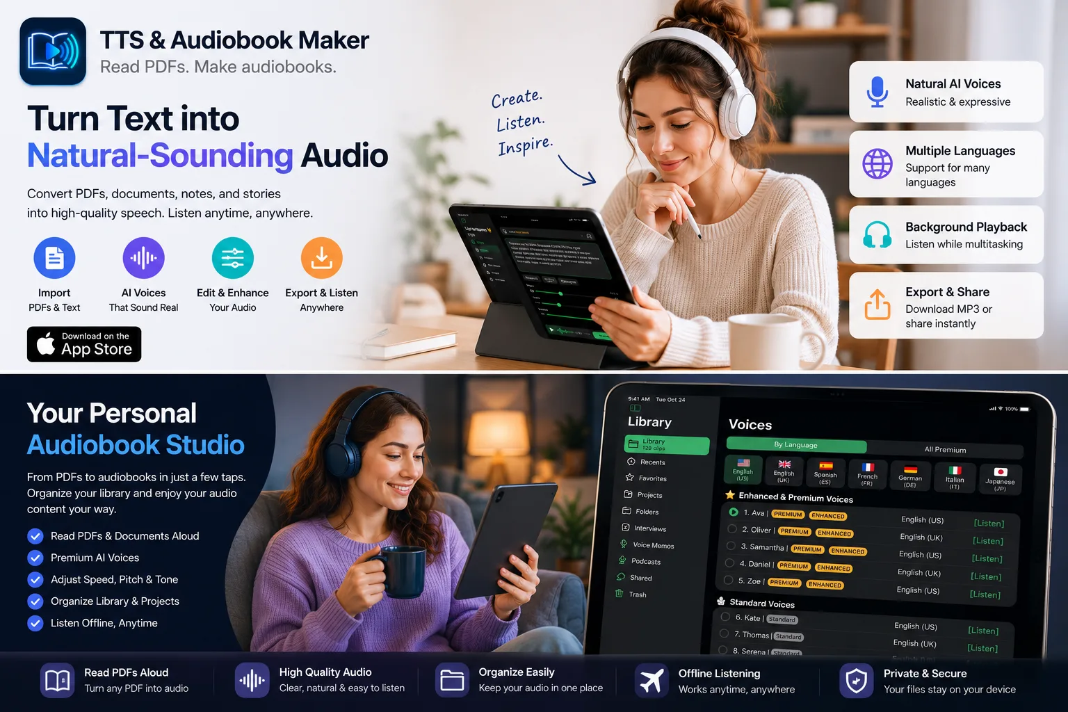TTS and Audiobook Maker features overview showing natural AI voices, multiple languages, background playback, and export capabilities with iPad and iPhone screenshots