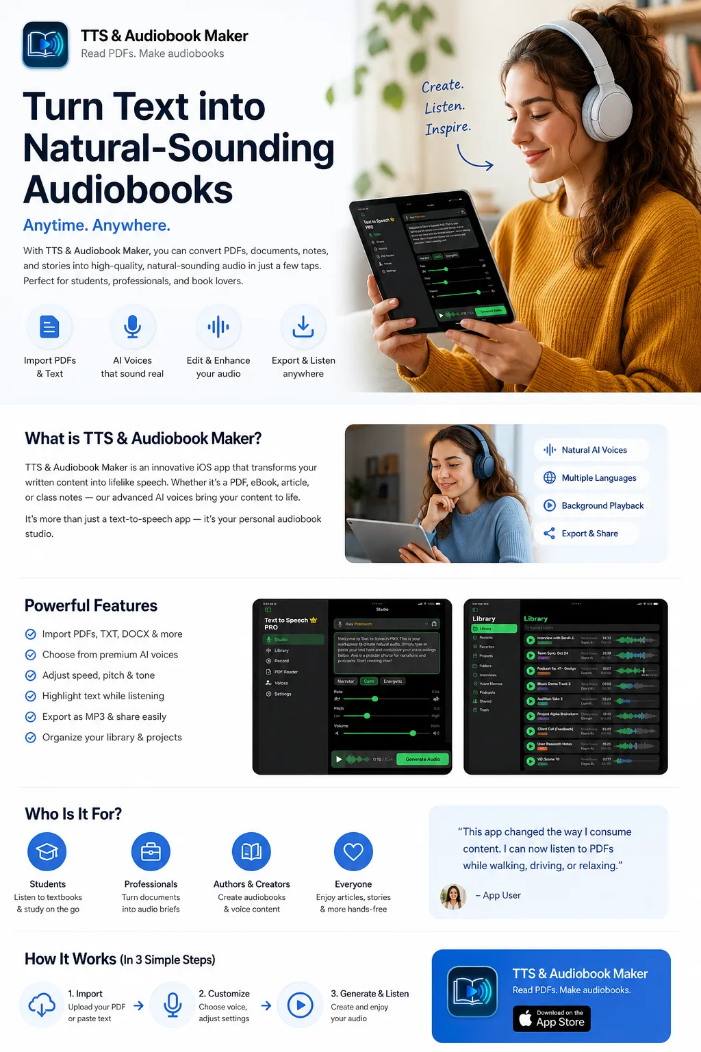 Complete overview of TTS and Audiobook Maker showing all features, workflow, and use cases with female creator wearing headphones