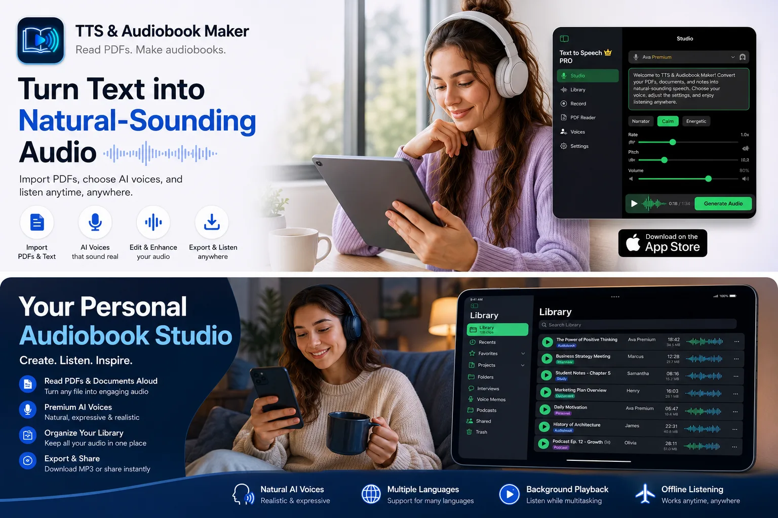 Female creator using TTS and Audiobook Maker app showing the personal audiobook studio interface with library view and voice generation features on iPad